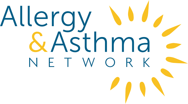 Allergy & Asthma Network logo with blue and gold text and gold sun rays on the right side.